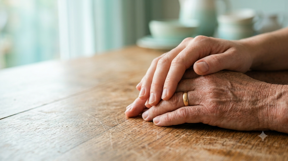 An older person's hand held gently in a younger loved one's, resting on a table in soft morning light